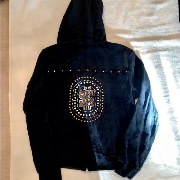 Unique Black Velour 💸💰Million Dollar Baby Rhinestone & Stud Money Print Hoodie - Picture 5 of 6